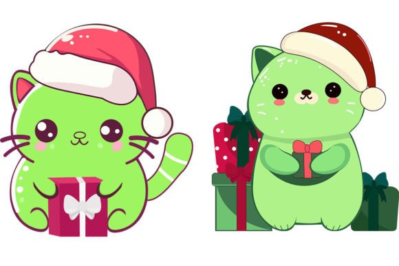 Christmas Cute Green Cat Clipart Afbeelding Afbeeldingen Sjablonen Door The GraphicSphere