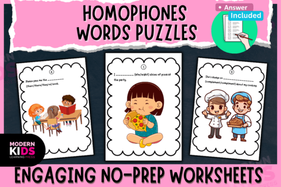 Homophones Words Puzzles - No-Prep Pages Illustration Feuilles de Travail et Matériel d'Enseignement Par Ovi's Publishing