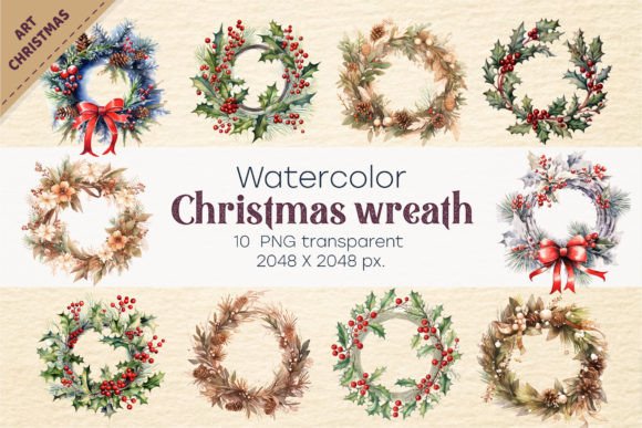 Watercolor Christmas Wreath. PNG, Clipar Gráfico Ilustraciones IA Por Keno Shop