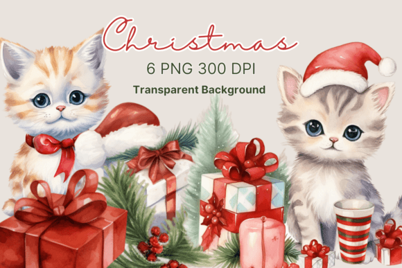 Cute Christmas Cat Watercolor Clipart Gráfico Ilustraciones Imprimibles Por sasikharn