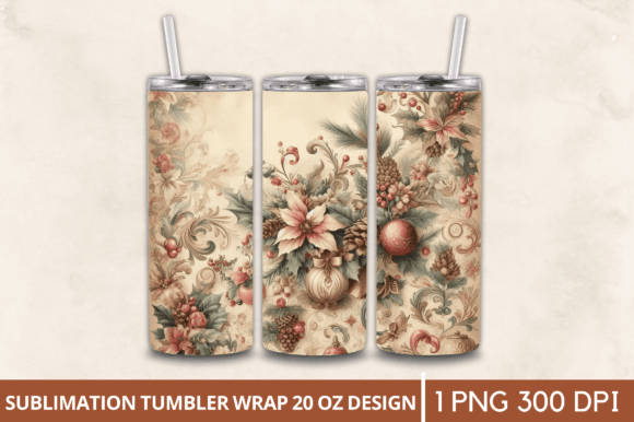 Floral Vintage Christmas 20 OZ Tumbler Graphic Illustrations By Craft Fair