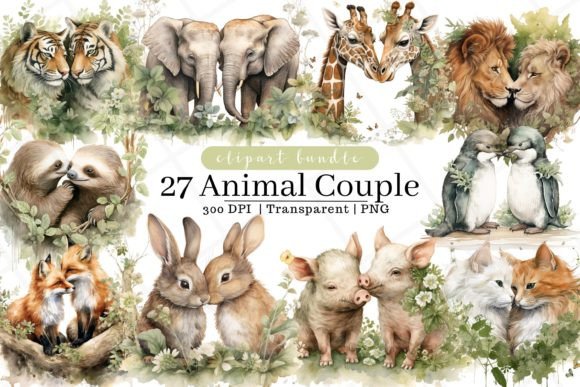 Animal Couple Watercolor Clipart Grafik Druckbare Illustrationen Von Rabbyx