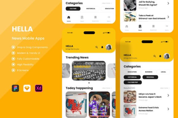 Hella - News Mobile Apps Graphic UX and UI Kits By twinletter