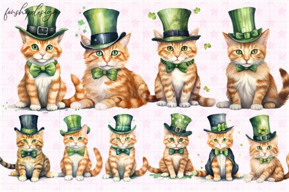 Watercolor Cute St Patrick Cat Clipart Gráfico Gráficos IA Por FonShopDesign