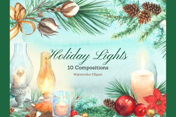 Watercolor Christmas Candle and Lanterns Gráfico Ilustrações para Impressão Por NaniDream Studio