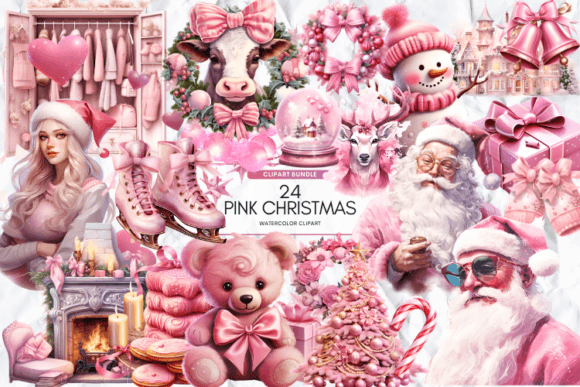 Pink Christmas Watercolor Clipart Graphic Illustrations By Markicha Art