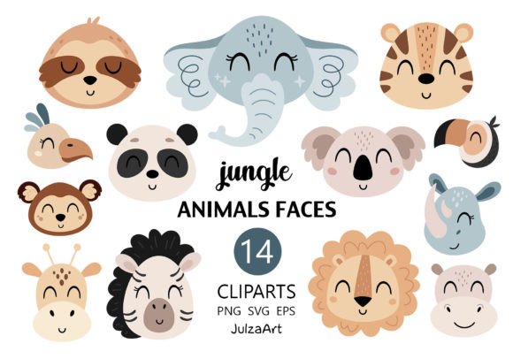 Safari Animal Faces Clipart, Animal Svg Gráfico Ilustraciones Imprimibles Por JulzaArt