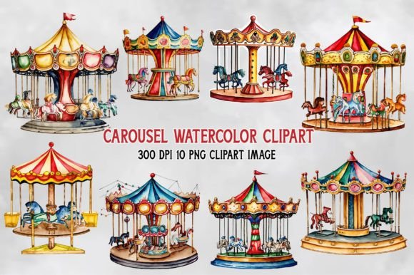 Carousel Watercolor Clipart Gráfico Ilustraciones Imprimibles Por ChloeArtShop