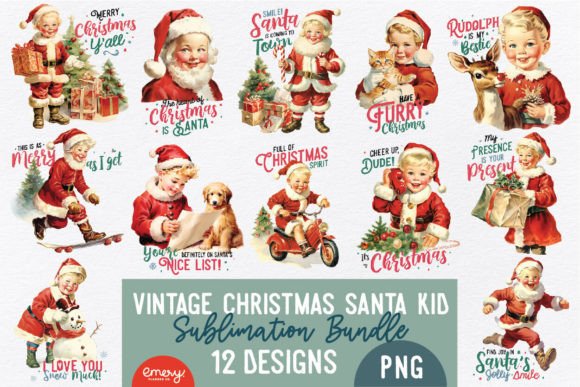 Vintage Christmas Santa Kid Sublimation Graphic Crafts By Emery Digital Studio