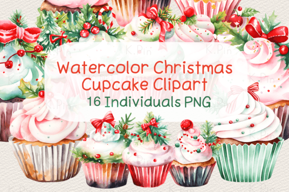 Watercolor Christmas Cupcake Clipart Graphic Illustrations By K.Pin Drawing