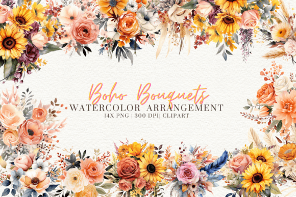 Watercolor Elegant Boho Floral Clipart Graphic AI Transparent PNGs By TeeBay