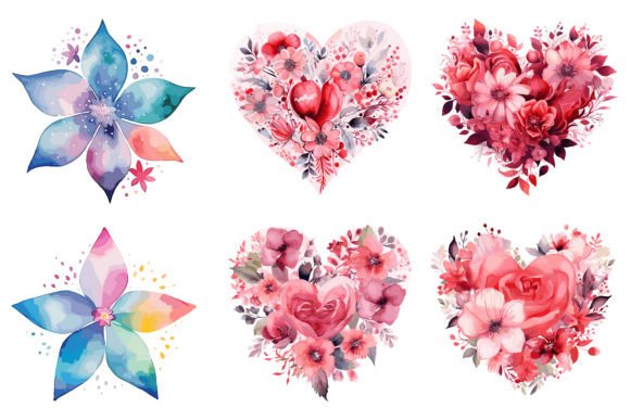 Watercolor Love Shape Floral Design Set Graphic Illustrations By amazinart