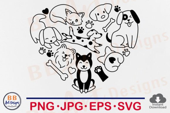 Dog SVG Hand Drawn Dogs Doodle Heart PNG Gráfico Plantillas de Impresión Por BB Art Designs