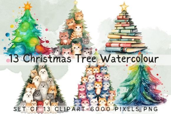 13 Christmas Tree Watercolor Clipart PNG Gráfico Ilustraciones Imprimibles Por SaraDesign2