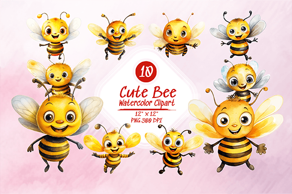 Cute Bee Watercolor Clipart Set PNG Graphic AI Transparent PNGs By creativemaruti