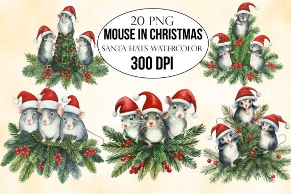 Mouse in Christmas Santa Hats Watercolor Grafica Illustrazioni Stampabili Di CraftArtStudio