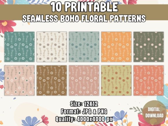 Seamless Boho Floral Digital Paper Set Gráfico Patrones de Papel Por Sunshines and Rainbows