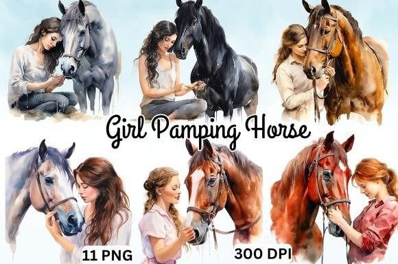 White Girl Petting Horse Watercolor PNG Graphic Illustrations By A Design