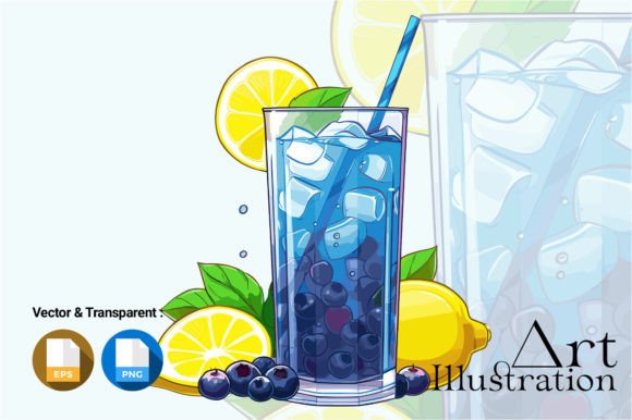 A Blue Drink with Ice and Lemons Graphic Illustrations By ARUNA