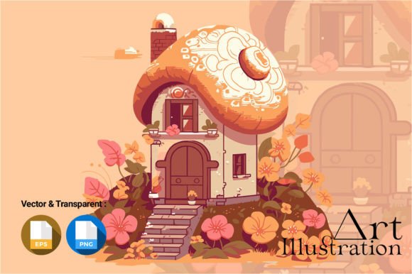 A Cartoon House with a Mushroom Roof Graphic Illustrations By ARUNA