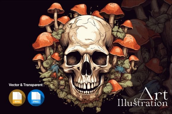 A Skull Surrounded by Mushrooms Grafik Druckbare Illustrationen Von ARUNA