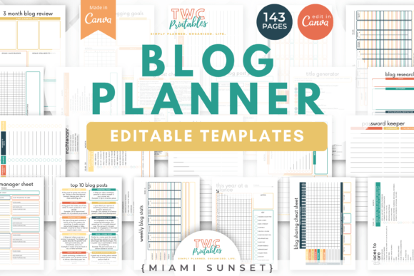Blog Planner Canva Templates | MIAMI Graphic Print Templates By TWCprintables