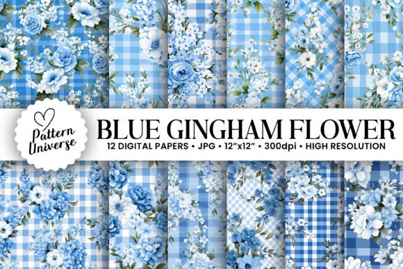 Blue Gingham Winter Flowers Patterns Gráfico Patrones de Papel Por Pattern Universe