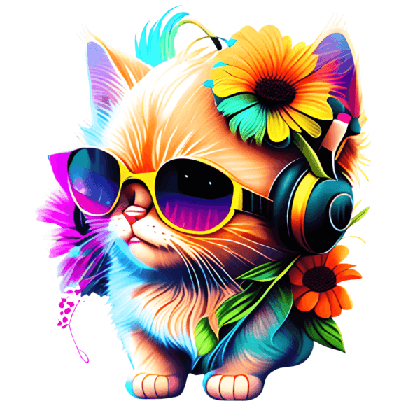 Colorful Kitten with Big Hair Sunglasses and Headphone Community Content By Colourful