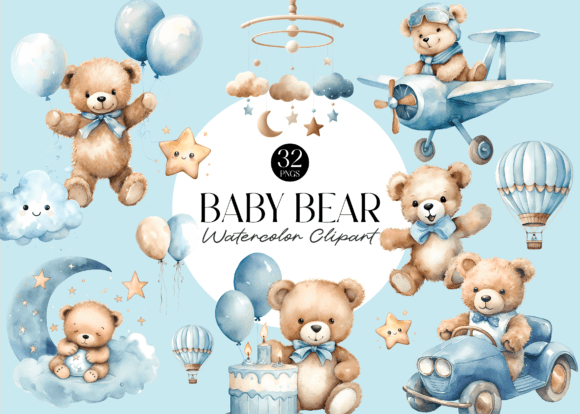 Cute Teddy Bear Baby Shower Clipart Gráfico Ilustrações para Impressão Por primroseblume