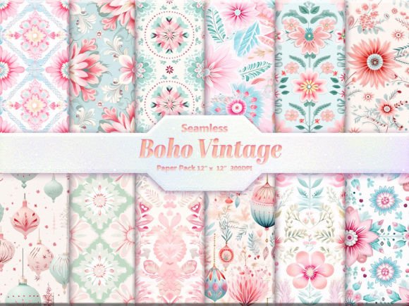 Seamless Boho Vintage Digital Paper Pack Graphic Backgrounds By DifferPP