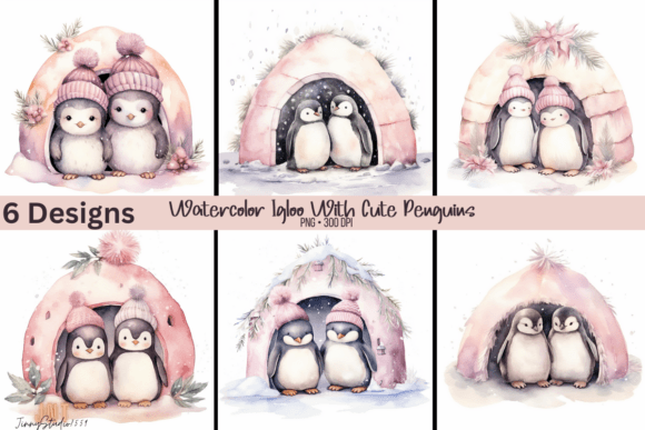 Watercolor Igloo with Cute Penguins Afbeelding Afdrukbare Illustraties Door JinnyStudio7559