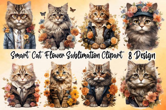 Smart Cat Flower Sublimation Clipart Graphic Illustrations By MAMA