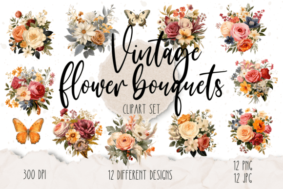 Vintage Flower Bouquets Clipart Grafik Druckbare Illustrationen Von Cheerful Apple Studio
