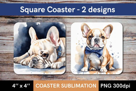 Watercolor French Bulldog Square Coaster Illustration Artisanat Par LanaClueDesign