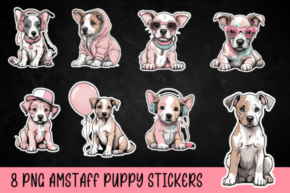 Amstaff Dog Stickers Pink Theme Bundle Illustration PNG transparents AI Par PixelArtNL
