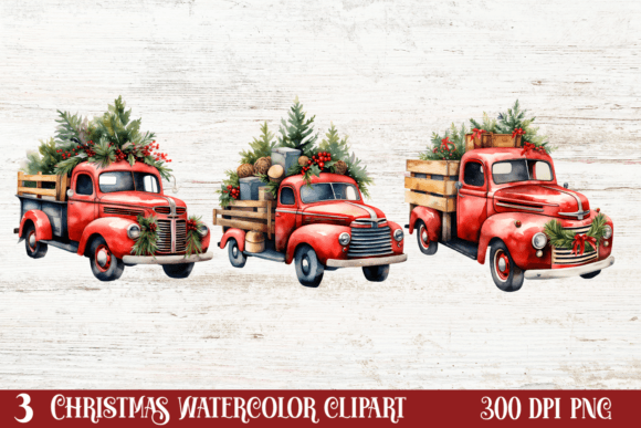 Christmas Cars Watercolor Clipart PNG Afbeelding AI Illustraties Door CraftArt
