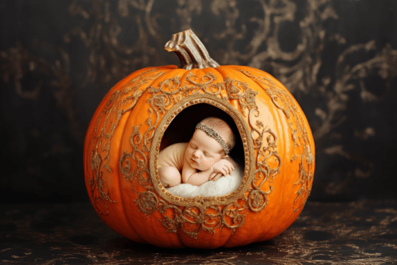 Newborn Baby Inside a Pumpkin Backdrop Graphic AI Graphics By BundleHub