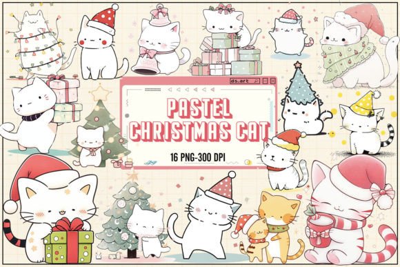Pastel Christmas Cat Sublimation Bundle Afbeelding Afdrukbare Illustraties Door DS.Art