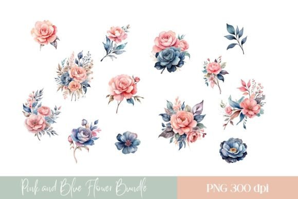 Pink and Blue Watercolor Flowers Graphic Illustrations By Pixel Daisy