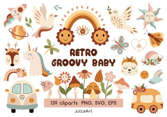 Retro Clipart, Groovy Baby Svg Png Grafik Druckbare Illustrationen Von JulzaArt