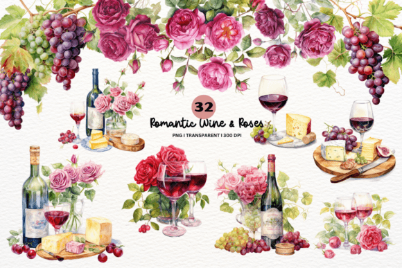 Watercolor Rose and Wine Sublimation Graphic Illustrations By Rainbowtown