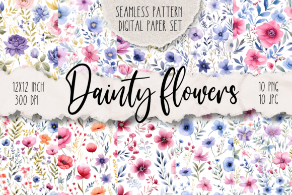 Dainty Flowers Seamless Digital Paper Graphic Patterns By Cheerful Apple Studio