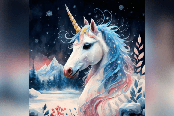 Detailed Watercolor Unicorn Winter Graphic Backgrounds By Endrawsart