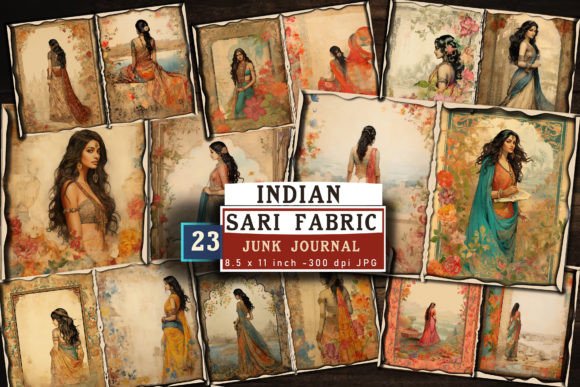 Indian Sari Junk Journal, Indian Saree Gráfico Ilustrações para Impressão Por Md Shahjahan