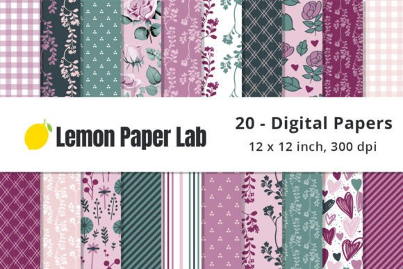 Pink and Green Floral Digital Papers Grafica Motivi di Carta Di Lemon Paper Lab