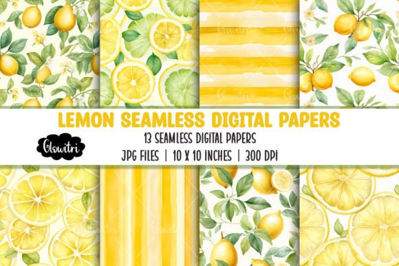 Watercolor Lemon Seamless Digital Papers Graphic Patterns By Glowitri
