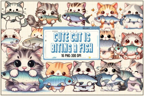 Cute Cat Biting a Fish Sublimation Graphic Illustrations By DS.Art