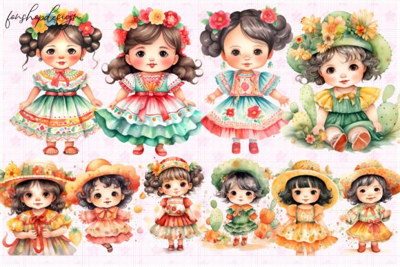 Cute Baby Girl Mexican Watercolor Grafica Grafiche AI Di FonShopDesign