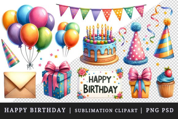Happy Birthday Clipart Set Design Bundle Illustration PNG transparents AI Par Tati Design