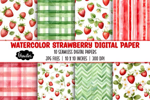 Watercolor Strawberry Digital Paper Graphic Patterns By Glowitri